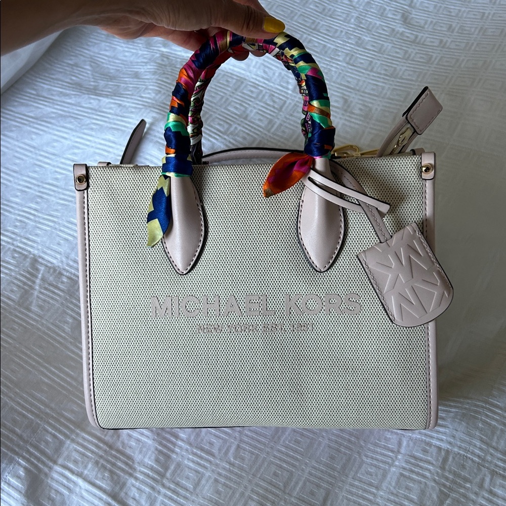 Michael Kors Cream Satchel with Multicolor Handle
